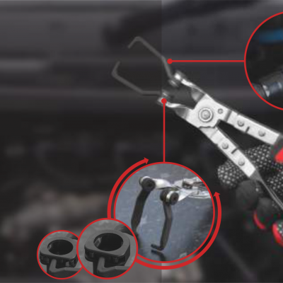 Pinça para anéis de retenção com peças pequenas de metal e mão com luva vermelha e preta a segurá-la