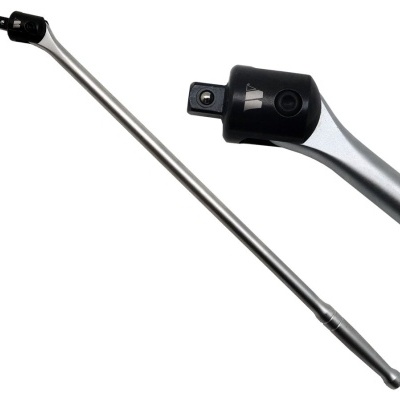 Chave de catraca metálica prateada com ponta preta e símbolos brancos