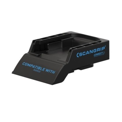 Base preta de plástico com textos azuis SCANGRIP CONNECT e COMPATIBLE WITH RIDGID