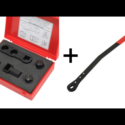 conjunto de ferramentas em caixa vermelha com adaptadores e alavanca preta com ponta vermelha