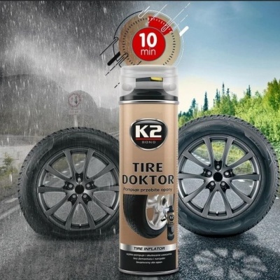 Spray K2 BOND TIRE DOKTOR para reparação rápida de pneus com dois pneus e estrada ao fundo