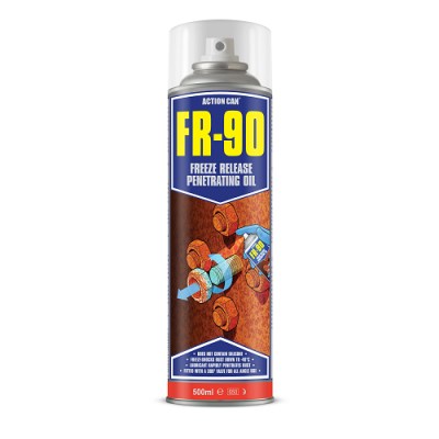Lata spray de óleo penetrante FR-90 com rótulo azul e amarelo
