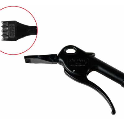 Soprador de ar preto em plástico com pega e bocal estreito.