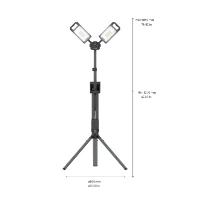 Luminária LED portátil cinza com tripé e duas luzes retangulares