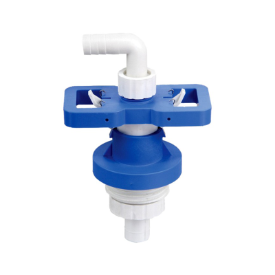 Peça de plástico para tubagem azul e branca com alças e cotovelo