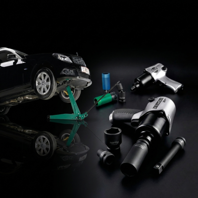 Carro preto levantado com macaco verde e ferramentas pneumáticas e acessórios em fundo preto