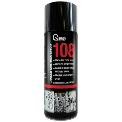 Spray multiusos de gordura VMD 108 em lata preta com texto vermelho e branco e imagens de engrenagens.