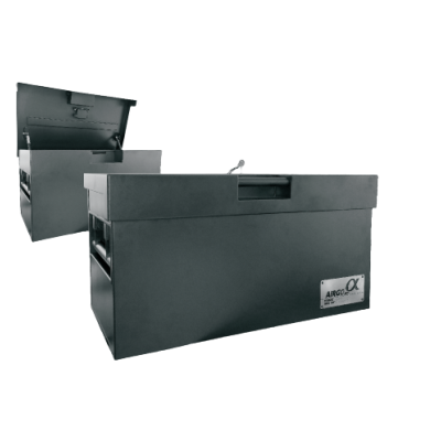 Caixas metálicas pretas retangulares com tampa e logotipo ARMOLLA ALPHA