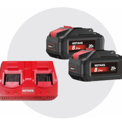 Duas baterias recarregáveis 8.0 Ah 20V ROTAKE e carregador duplo vermelho