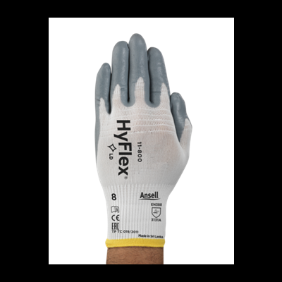 Luvas HyFlex 11-800 brancas e cinza, tamanho 8, com texto e certificações visíveis