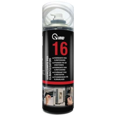 Lata preta de spray VMD 16 com tampa transparente e texto branco e vermelho