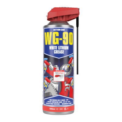 Lata spray WG-90 White Lithium Grease com tampa vermelha e rótulo azul e amarelo