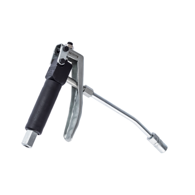Pistola manual de lubrificação com cabo preto e corpo metálico prateado