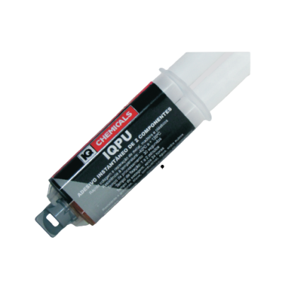 Adesivo instantâneo IQ Chemicals preto e branco com texto