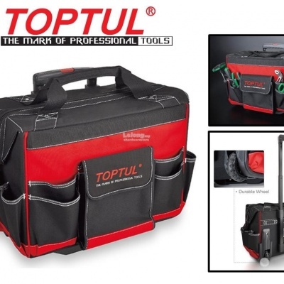 Mala de ferramentas preta e vermelha TOPTUL com bolsos e pega telescópica