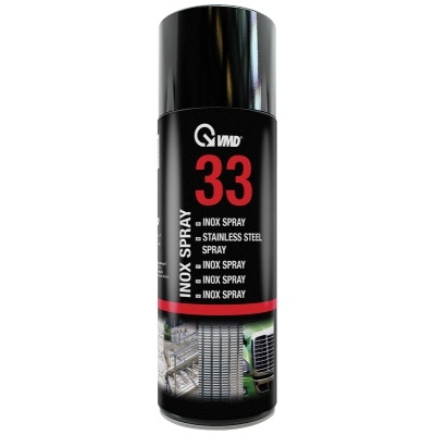 Lata preta de spray inox com texto branco e vermelho e imagens de grelhas metálicas