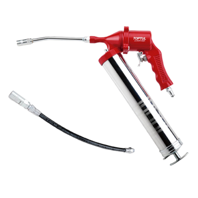 Pistola de lubrificação metálica e vermelha com tubo flexível