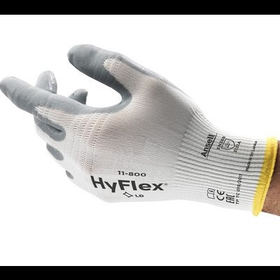 Luva de proteção branca e cinzenta HyFlex 11-800 em mão direita