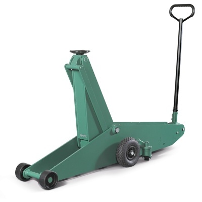 Macaco hidráulico verde com rodas e alavanca preta