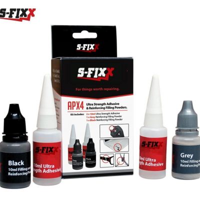 Conjunto adesivo S-FIXX APX4 com frascos e caixa preta, branco e vermelho