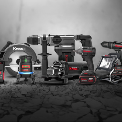 Conjunto de ferramentas elétricas Kress preto e vermelho em fundo cinzento