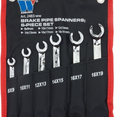 Conjunto de 6 chaves de tubo de travão em suporte preto com borda vermelha