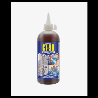 Frasco de fluido para corte e roscar CT-90 com rótulo azul e amarelo