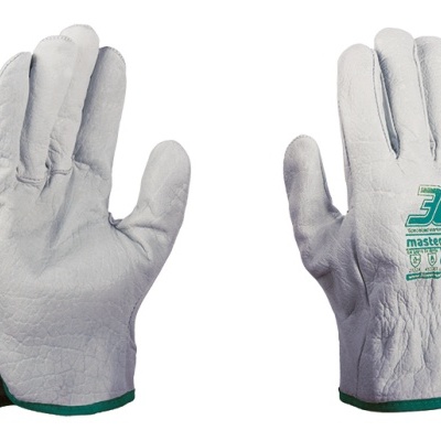 Par de luvas de trabalho de couro branco com punhos verdes e texto verde na parte de trás.