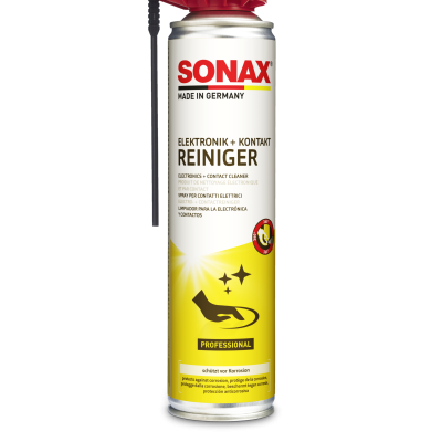 Spray limpa contactos eletrónicos SONAX branco e amarelo com tampa vermelha.