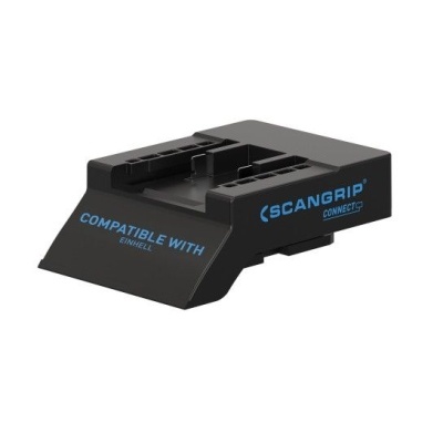 Suporte preto com textos azuis SCANGRIP CONNECT e COMPATIBLE WITH EINHELL