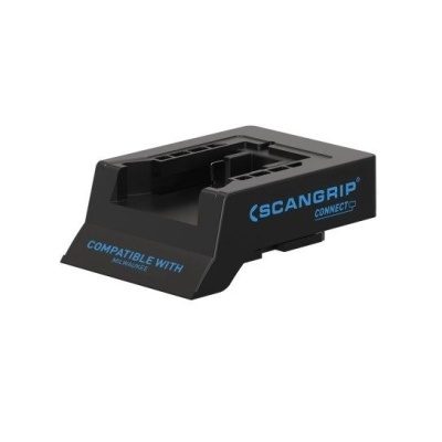 Base de carregamento preta com texto azul Scangrip Connect e Compatible with Milwaukee
