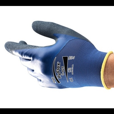 Luva de trabalho azul e cinzenta com texto HyFlex 11-925
