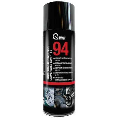 Lata de spray VMD 94 preta com texto branco e vermelho e imagens de peças metálicas