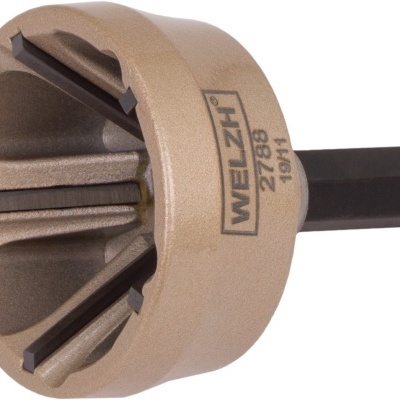 Ferramenta fresadora metálica dourada com lâminas pretas e texto impresso