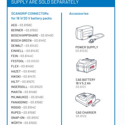 Lista de conectores SCANGRIP para baterias com acessórios desenhados