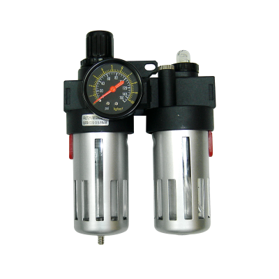 Conjunto de filtros pneumáticos metálicos com manómetro e etiquetas