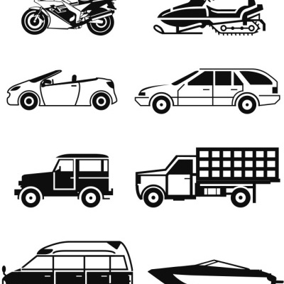 Ícones a preto e branco de diferentes veículos como mota, carro, jipe e barco