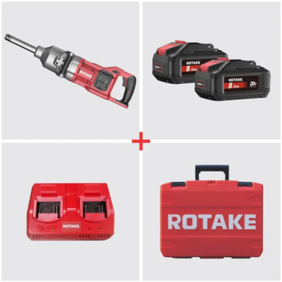 Conjunto de ferramenta elétrica, baterias, carregador e estojo rígido, todos da marca ROTAKE.