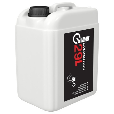 Recipiente branco de plástico com tampa preta e etiqueta preta com texto VMD LAVAMOTORI 29 L