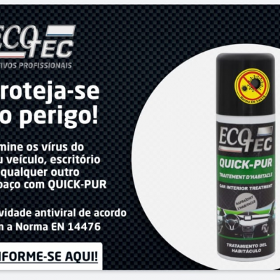 Spray desinfetante ECQTEC QUICK-PUR embalagem preta e branca com rótulo verde