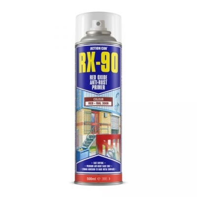 Lata azul de spray RX-90 com texto amarelo e branco e imagem de estrutura metálica