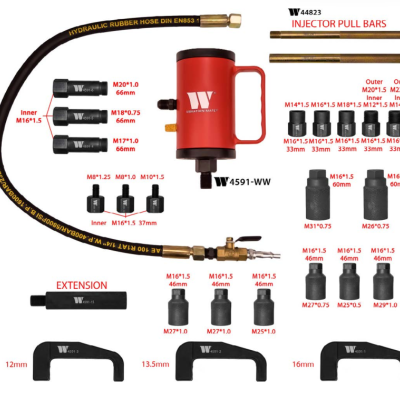 Conjunto de ferramentas para injetores com múltiplas peças pretas, vermelhas e douradas, etiquetas de medidas visíveis e mangueira hidráulica.