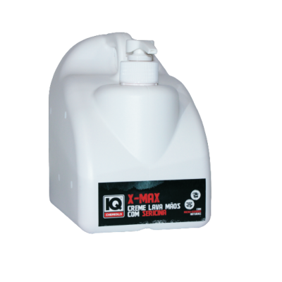 Frasco branco com doseador de creme para mãos e rótulo preto com texto em português