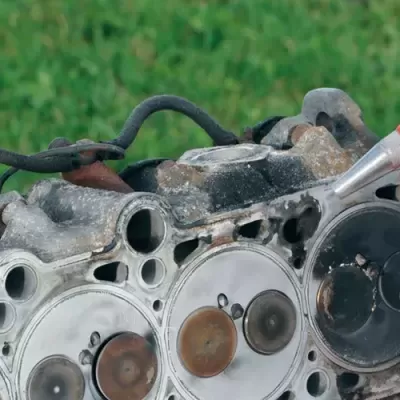 Vareta de medição de óleo vermelho e branco junto a motor automóvel metálico