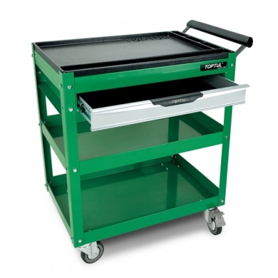 Carrinho metálico verde com gaveta cinza e rodas para ferramentas