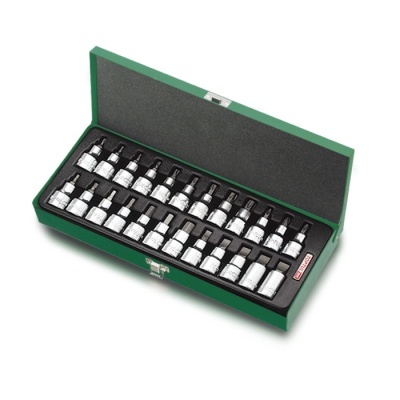 Conjunto de bocais de soquete metálicos em caixa verde aberta