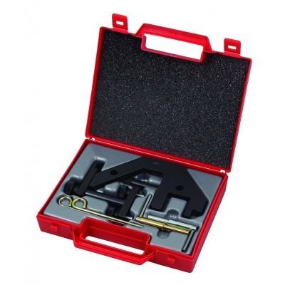 Estojo vermelho aberto com ferramentas metálicas em interior acolchoado