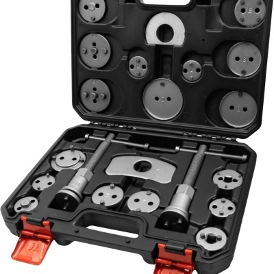 Estojo preto com ferramentas metálicas redondas para automóvel e fechos vermelhos