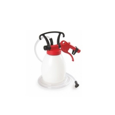 Recipiente plástico branco com tampa vermelha e pistola vermelha