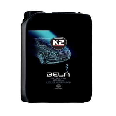 Recipiente preto de produto para lavagem automóvel com etiqueta azul e preta mostrando carro digitalizado e texto K2 BELA PRO